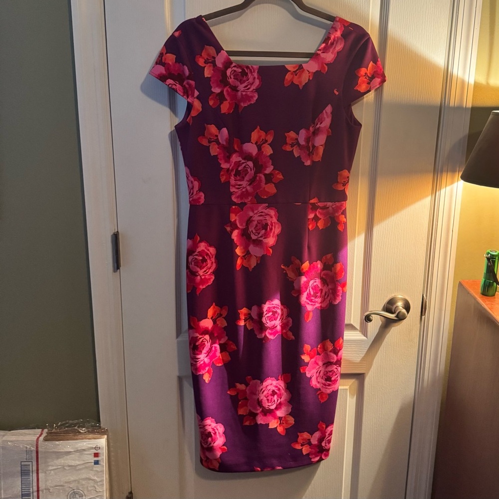 Donna Morgan Purple, Pink and Red Sheath Dress Square Neck Midi